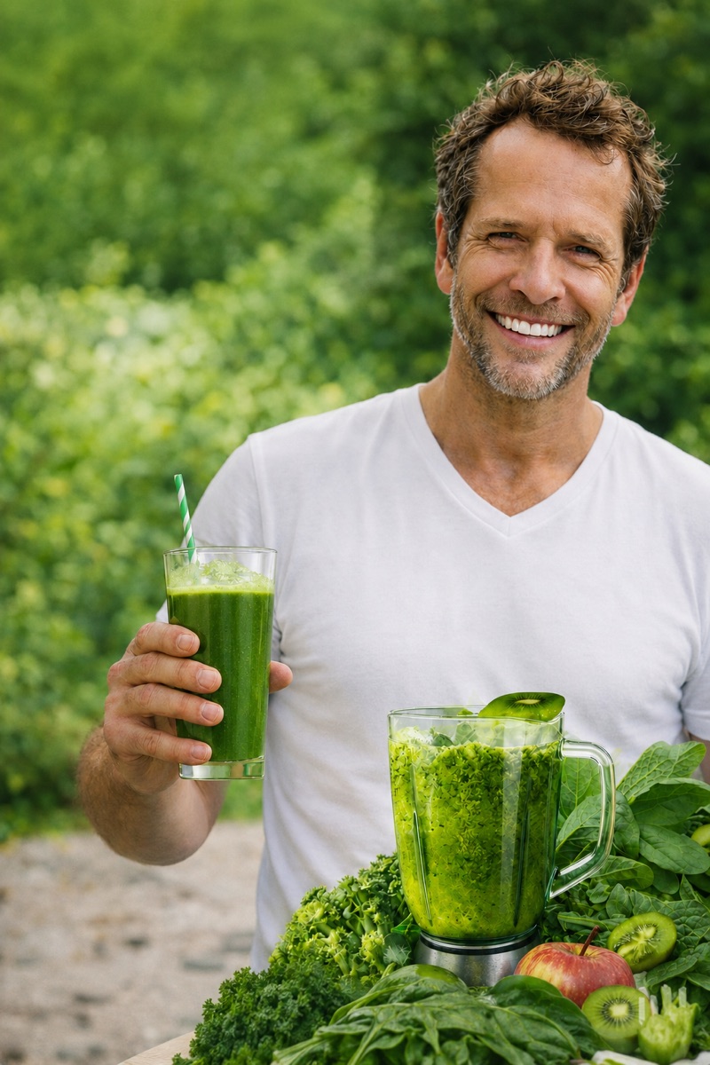Martin Herde heute, aktiv mit einem grünen Smoothie